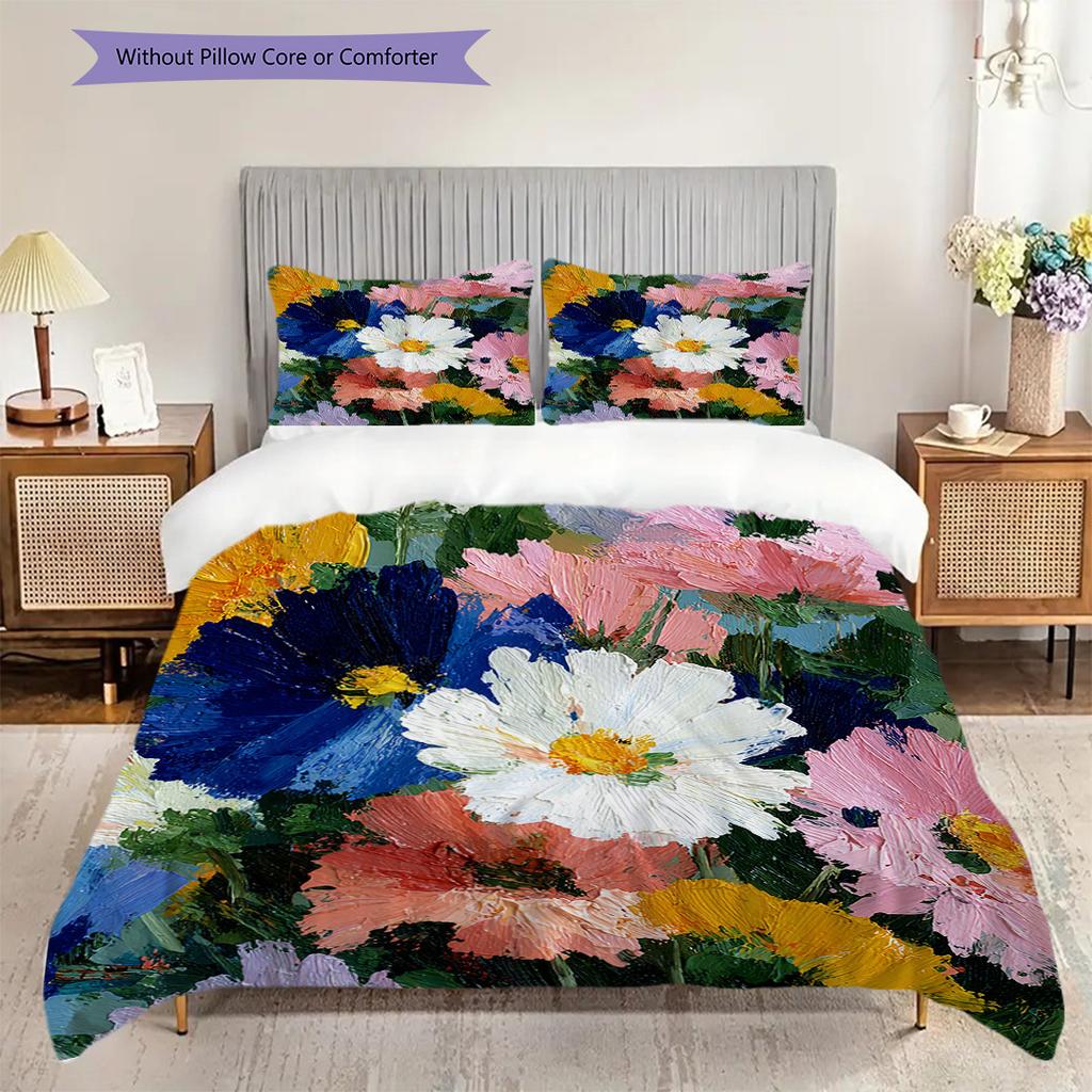 Flower Painting Pattern Bedding Quilt Set Quilt Cover Pillowcase Home Decoration Birthday Gift (1 * duvet cover + 2 * pillowcase, without core)