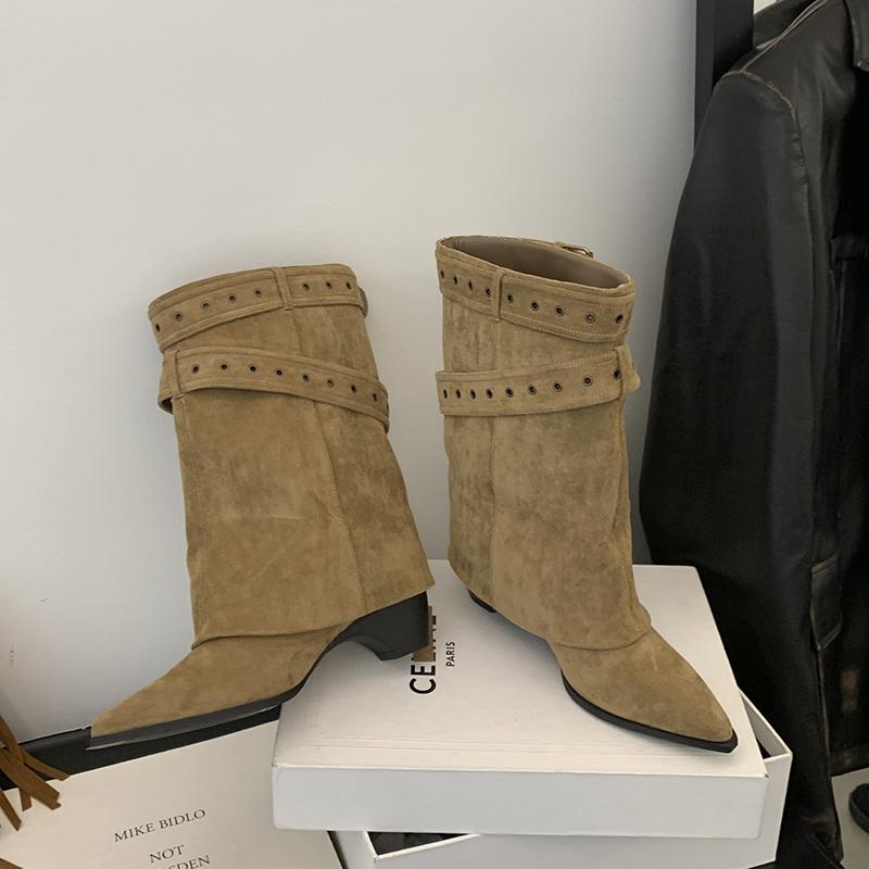 Hottie Belt Buckle Women Ankle Boots Fashion Pointed Toe Thick Heels Ladies Western Cowboy Booties