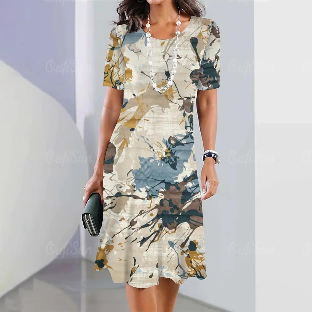 Letnia odzież damska Sukienki z krótkim rękawem Nieregularnie nadrukowana długa sukienka 3d Retro odzież damska Luźny okrągły dekolt Sweter