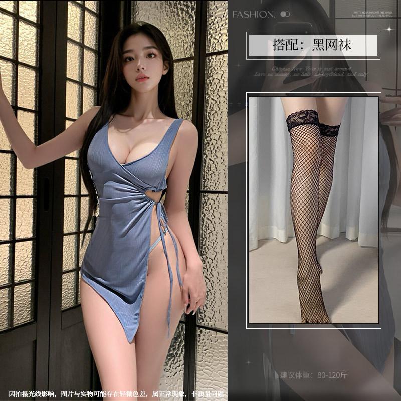 Sex underwear deep V French sexy, waist pumping pleated high split hip wrap thin lace-up strap pure desire suspender skirt