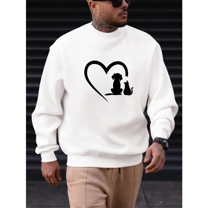 Men's Casual Crew Neck Sweatshirt with Cat and Dog Heart Pattern