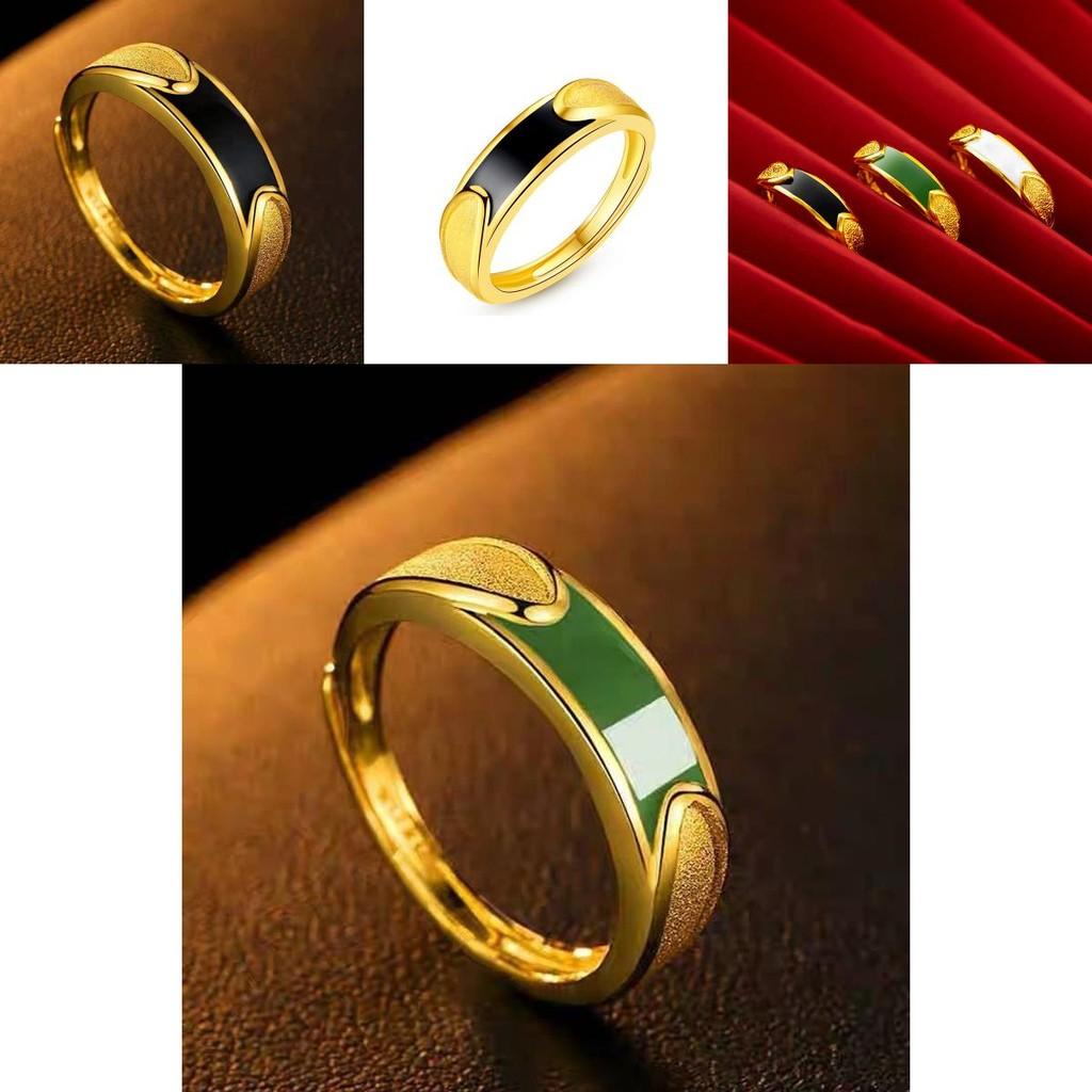 Stunning Copper Gold Plated Couple Rings With Unique Geometric Style And Gorgeous Black Green Gemstone Finish