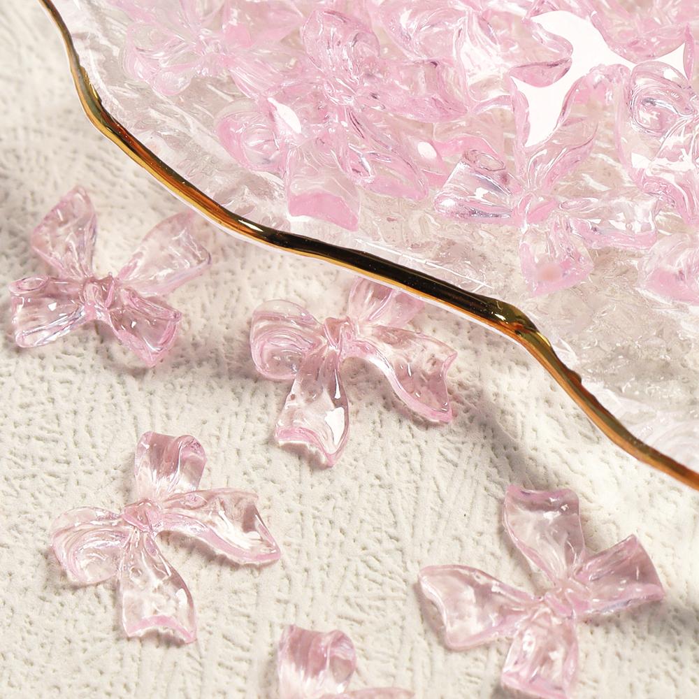 1Bag Pink Candy Ribbon Bows 3D Nail Charm Transparent Jelly Color Summer Nail Decoration Accessories DIY Manicure Decor Parts