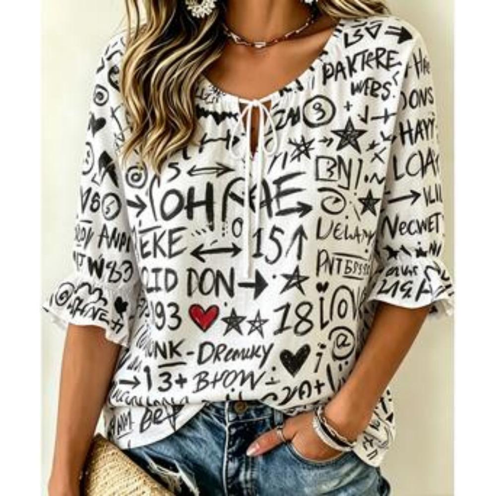 Women Tie Neck Ruffle Half Sleeve Blouse Color Block Geometric Print Loose Casual Shirt for Summer Outdoor Daily Coffee Outfits