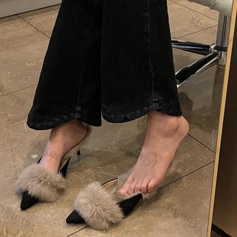 Fashion Women Pointy Heels Half Slippers Square Toe Casual Female Fashion 2025 Spring Trend New Luxury Plush Slides Dress Fur Flip Flops