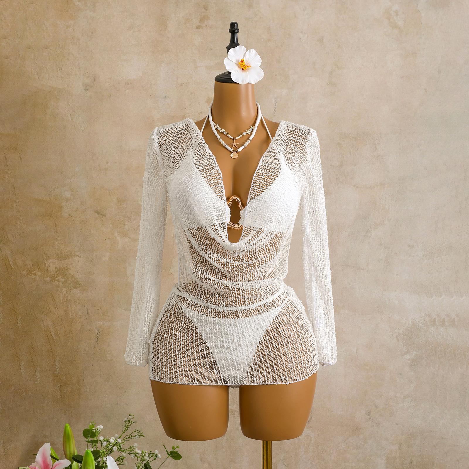 European and American swinging collar special sequin long-sleeved mesh three-piece swimsuit bikini bikini S