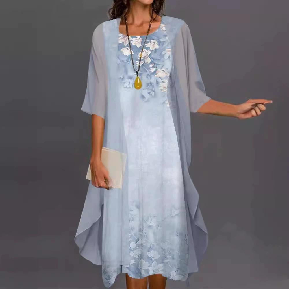 Plus Size Fashion Women's Printed Party Dress 2 Pcs Cardigan Elegant Round Neck Maxi Dresses Casual Long Chiffon Dresses Fashion Sets