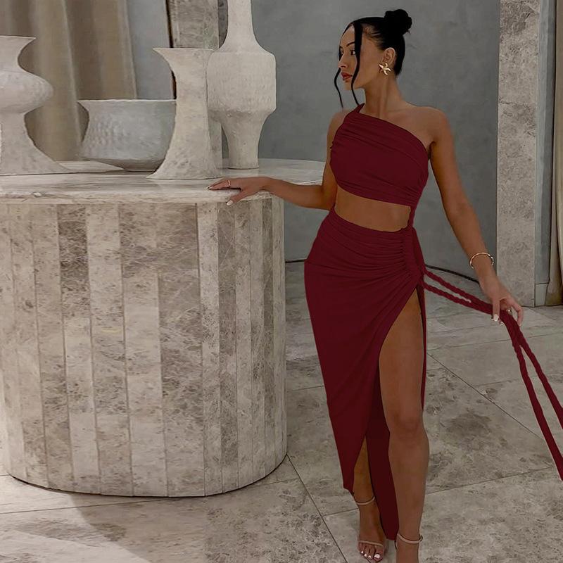Women's autumn new fashion one shoulder tube top halter hollow tether pleated dress