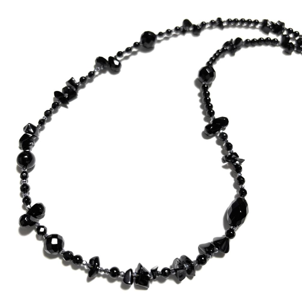 [Malline] Natural Stone Long Necklace: Onyx (Black Gemstone) X Terahertz (Black Silver) - Sophisticated Black / Healing Amulet / Handmade In Japan