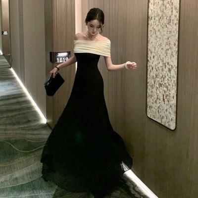 Neues Französisches High-End-Geburtstagspartykleid Schwarz-Weiß Kontrastfarben Spleißung One-Shoulder Reines Verlangen Kleid