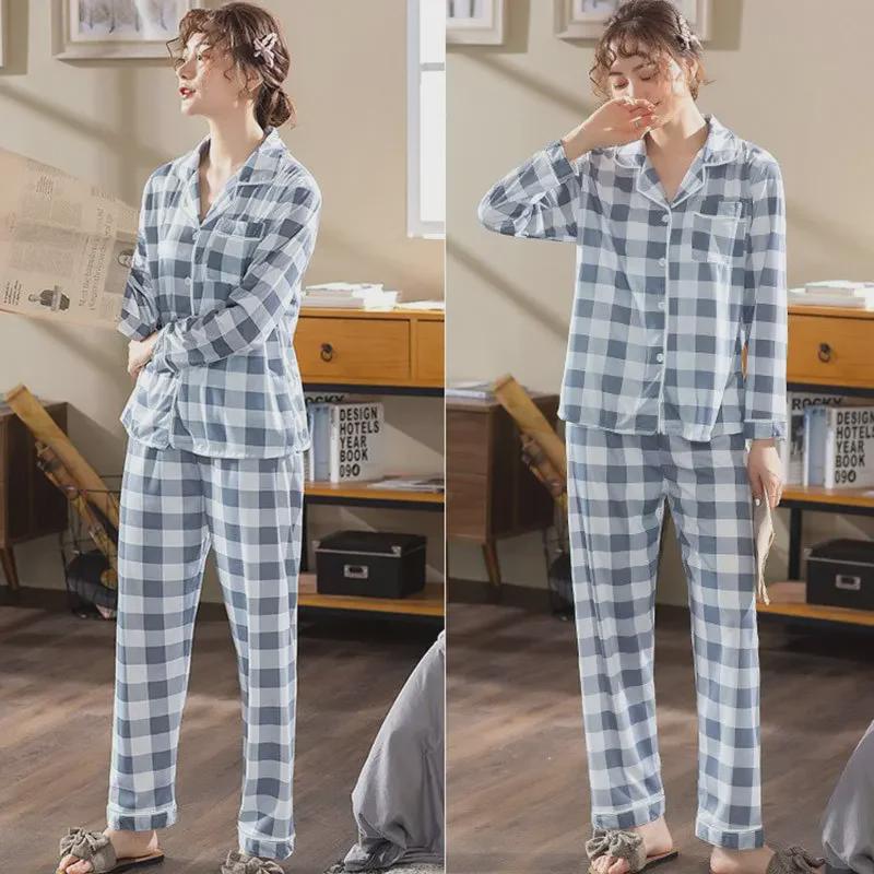 Damen Kariertes Strickjacken-Pyjama-Set - Langärmlig, Hose, Lässiger Stil für Frühling & Herbst.