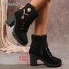 Autumn Winter Women's Brown Snow Boots Chunky High Heeled Black Botas Women Side Zipper Rhinestone Decors Botas Mujer Size35-41