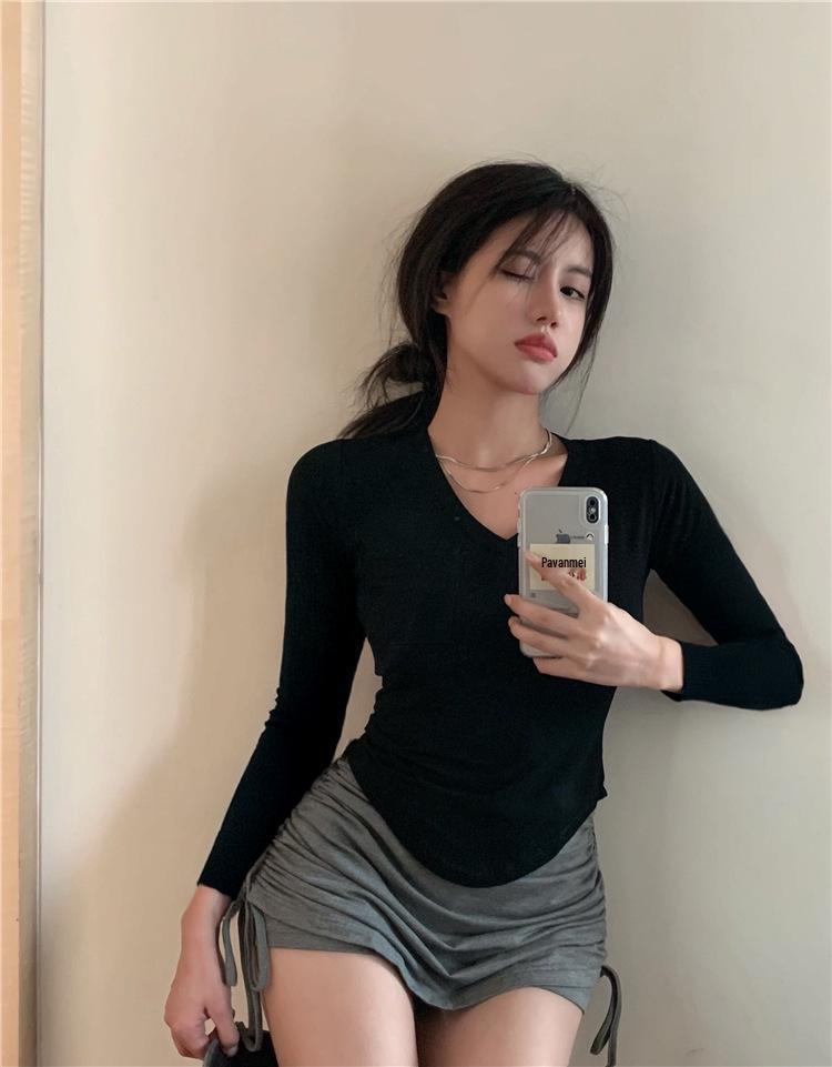 Korean V-neck Irregular Long Sleeve Women s Casual Top for Spring/Autumn Double XL чёрный