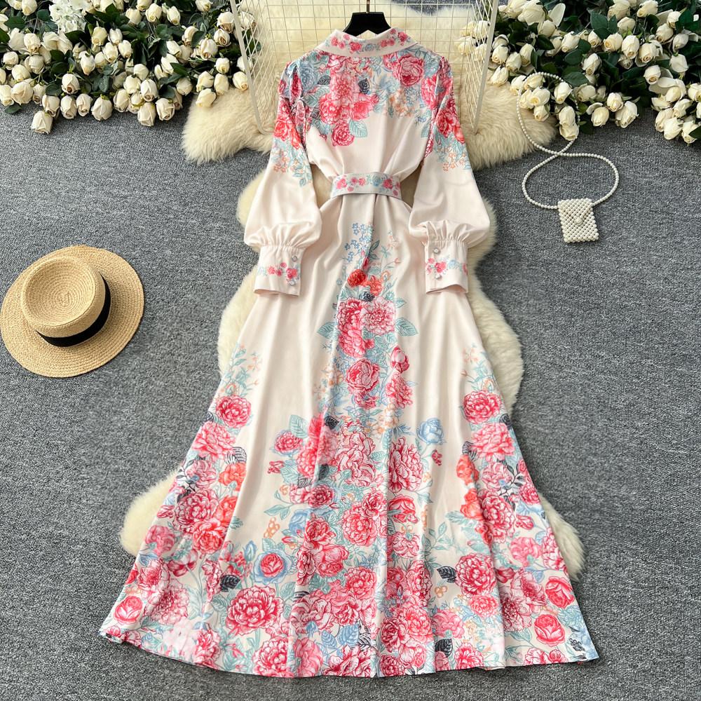 French Style Retro Elegant Shirt Dress Women Single-breasted Flower Print Long Party Dress Female Casual Chic Festival Clothing New