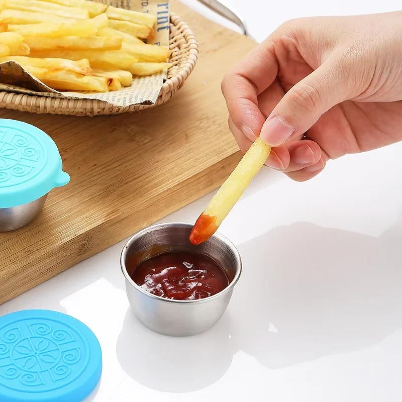 Sauce Packaging Cup,salad Tomato Sauce Seasoning Container,leak Proof Silicone Lid,304 Stainless Steel Dipping Dish,sauce Cup