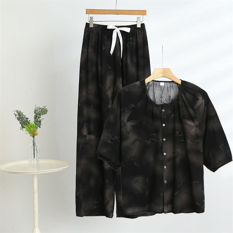 Summer Cotton & Rayon Slimming Outfit: Short-Sleeve Top & Floral Straight-Leg Pants for Middle-Aged and Elderly Women