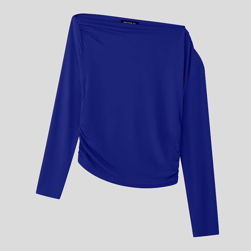 

INCERUN Мужские одно плечо с длинным рукавом нестандартные топы приталенные оборчатые майки 4XL синий