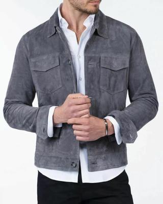 Retro Casual Stylish Men's Gray Suede Leather Shirt Trucker Jacket Soft Leather Handmade