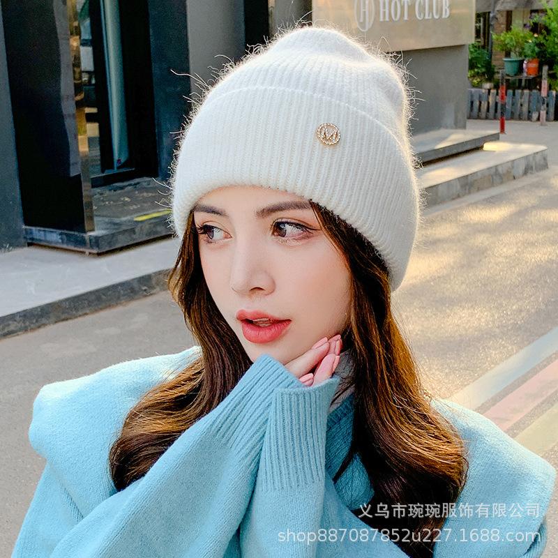 Fashion rabbit fur wool hat women's fashion rhinestone letter versatile ear protector knitted hat big head circumference shows small face