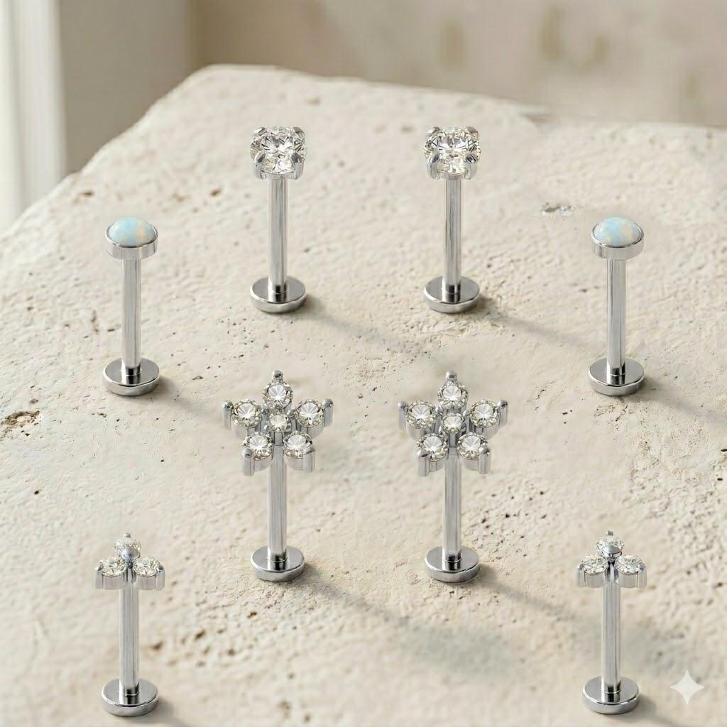 18G Stainless Steel Threadless Flat Back Stud Earrings Hypoallergenic CZ Cartilage Labret Piercing Jewelry for Women
