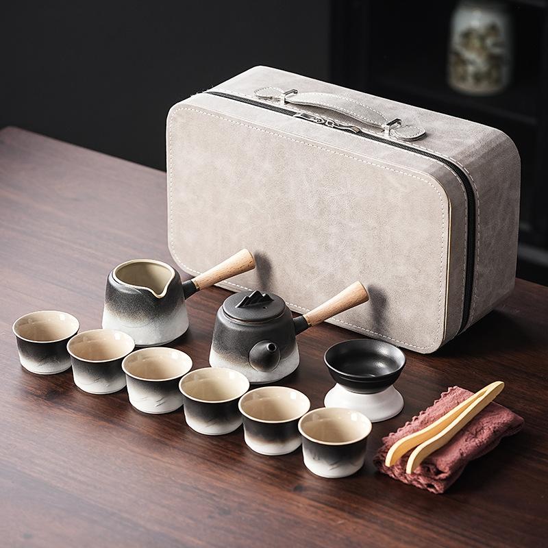 Coarse pottery/retro Shanhai side pot tea set gradual change Kung Fu tea set business enterprise black and white gradual change tea set/