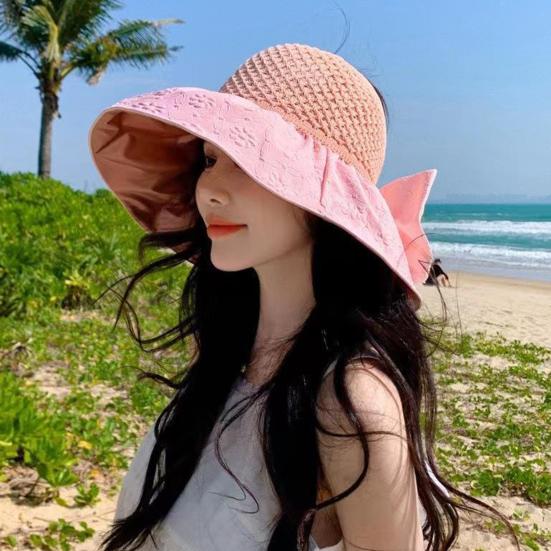 Sun Hat with Bow Design Foldable Breathable Hollow Woven Large Brim Jacquard Fabric UV Protection Face Slimming Summer Travel Hat