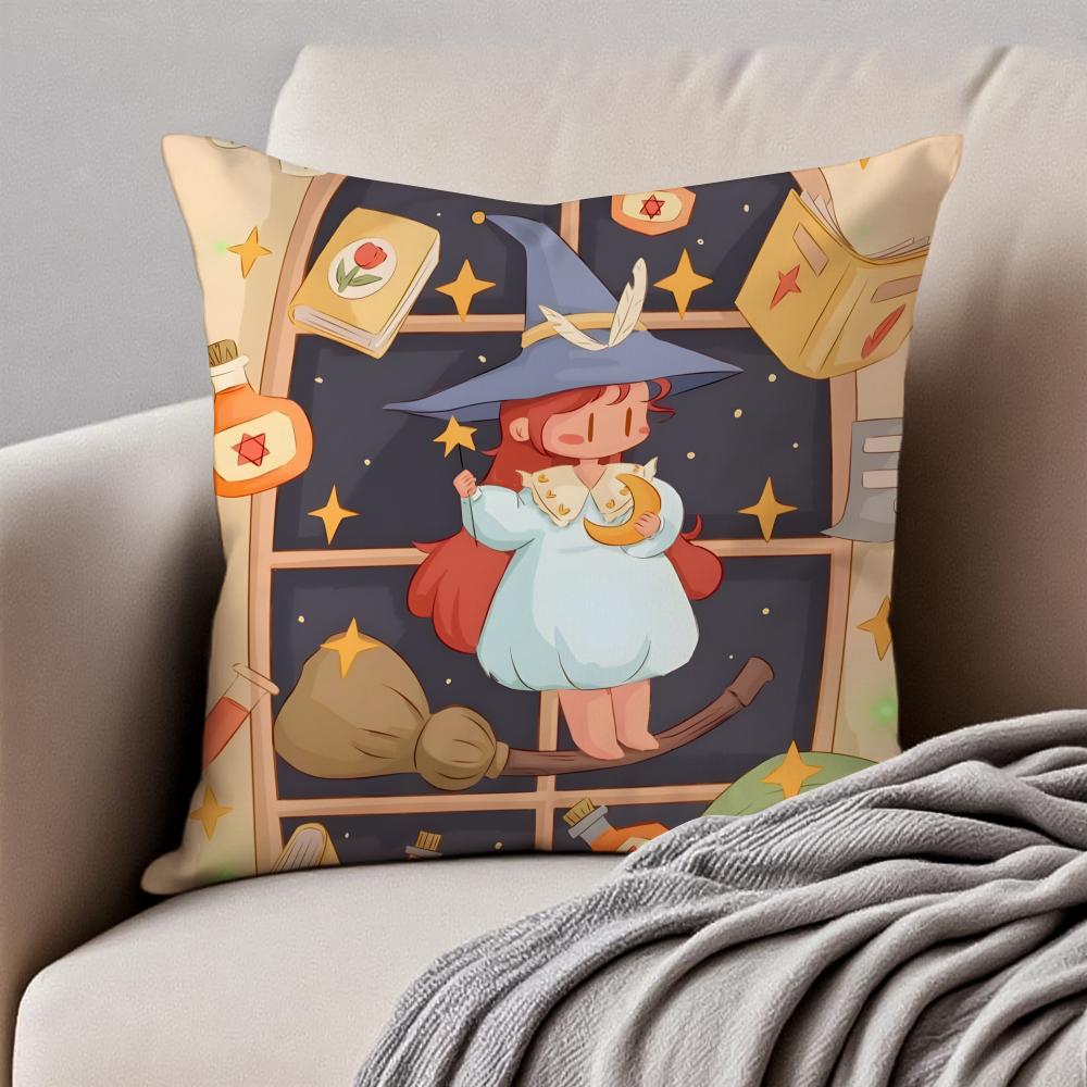 A Cute Cartoon Witch Childlike Art Cushion Cover Pillowcase Antidustmite Invisible Zipper Short Plush Sofa Cushion