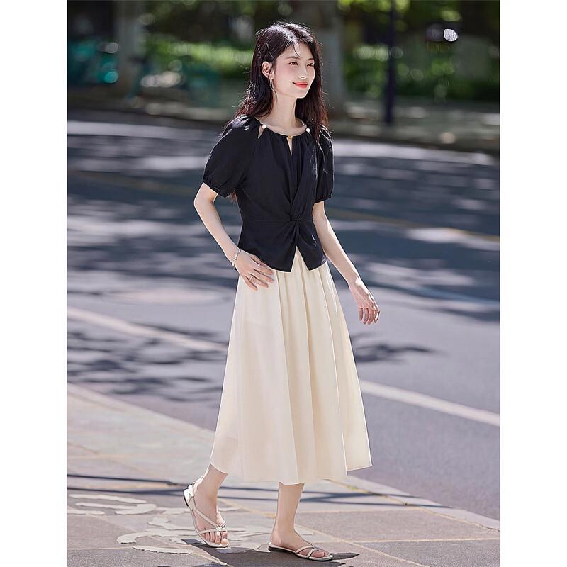 Linen Beaded French Shirt & Skirt Two-Piece Set