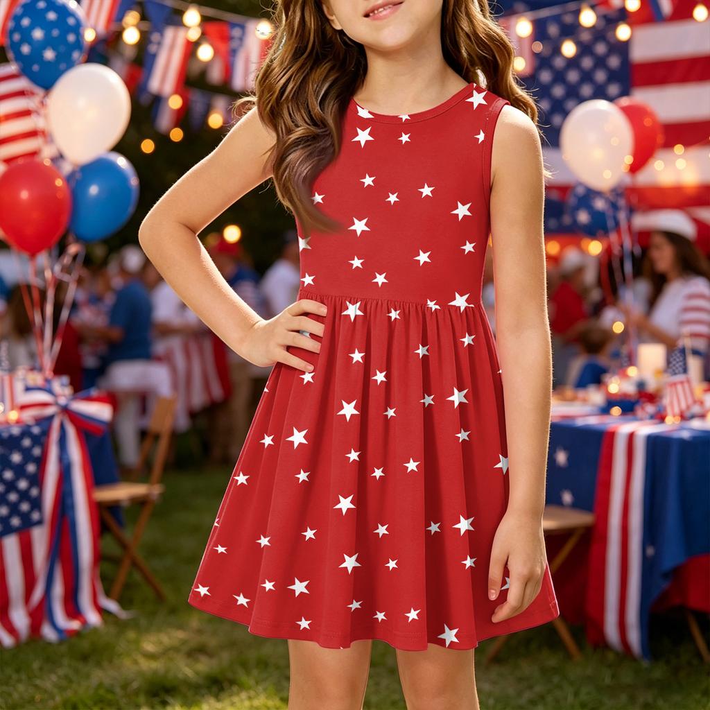 Girls' Summer Princess Dress - A-Line Vest Splice Dress Independence Day
