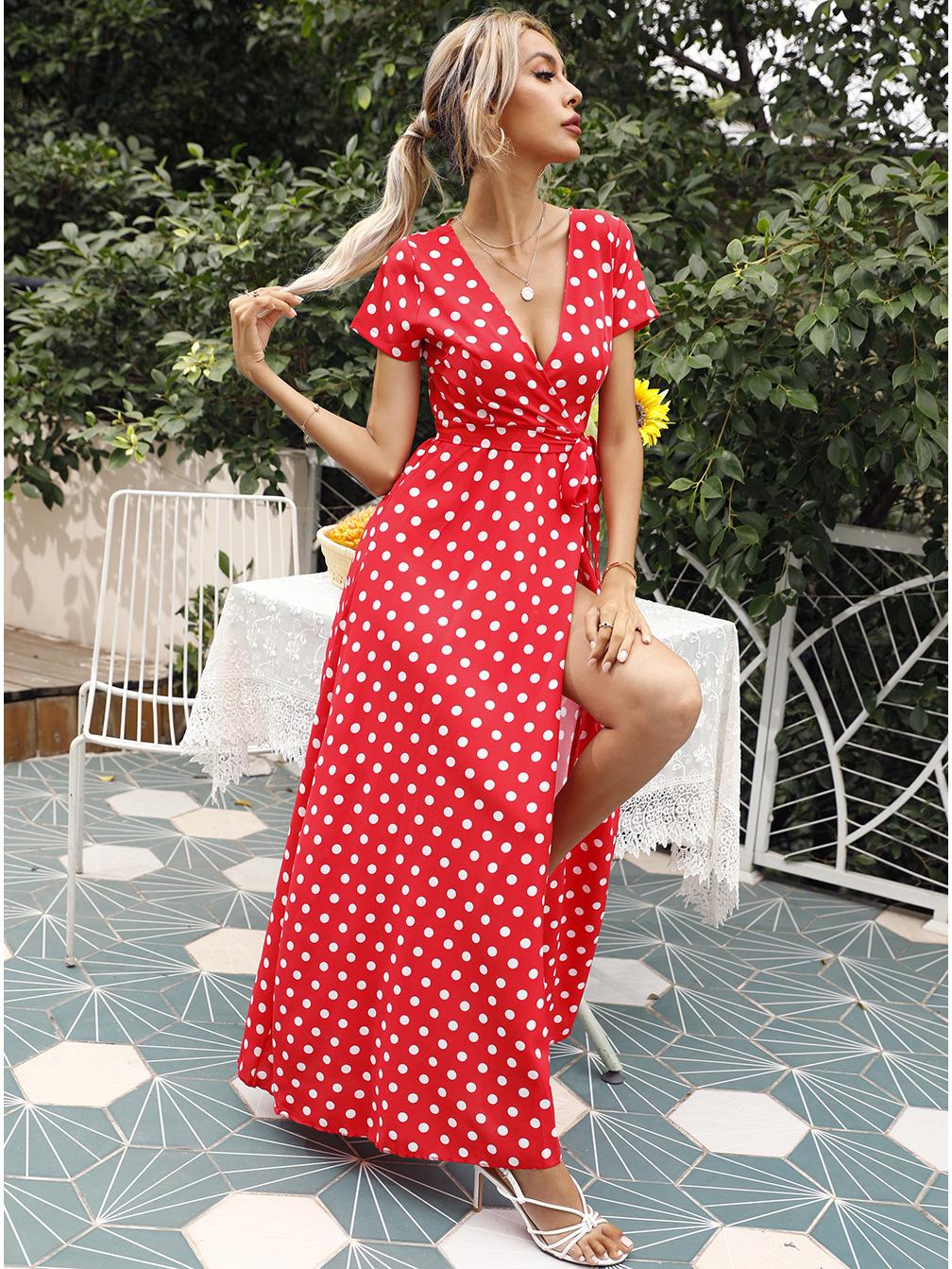 

Европейское и американское женское летнее платье в горошек с разрезом и короткими рукавами, подчеркивающее талию 2XL