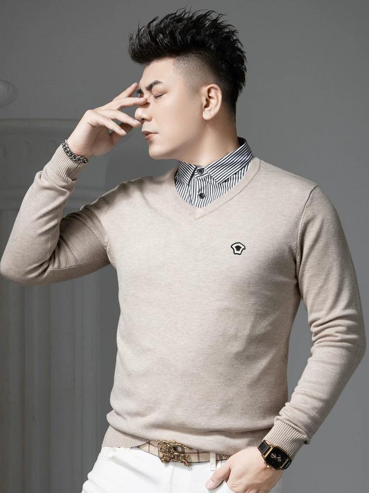 

European Style Fake Two-Piece Knit Sweater for Men, 2025 Autumn and Winter New Style, Wool Sweater, Inner Layer Base Shirt, V-Neck Sweater 3XL темно-серого