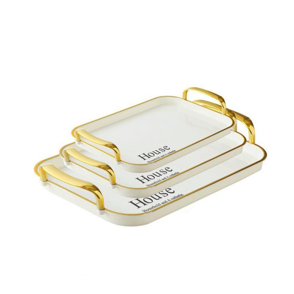 3PCS Light Luxury Plastic Tea Tray Set Golden Handle Rectangular Dessert Tray Stackable Thickened Brunch Tray Fruit