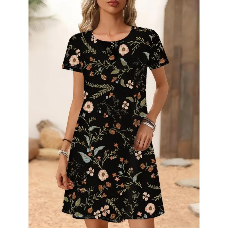 Fashion Women's Crew Neck Dress 3D Casual Color Printing Casual Dress Crew Neck Dress