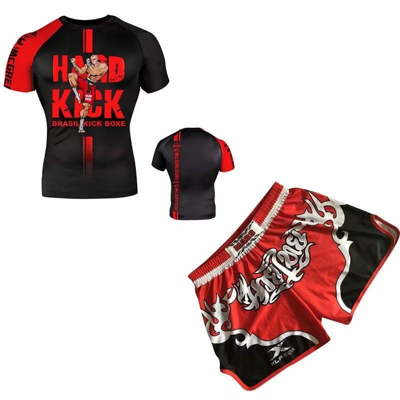 Herren Kompressions MMA Boxen Trainingsset Kurzarm Rash Guard Shorts Kampfsport Fitness