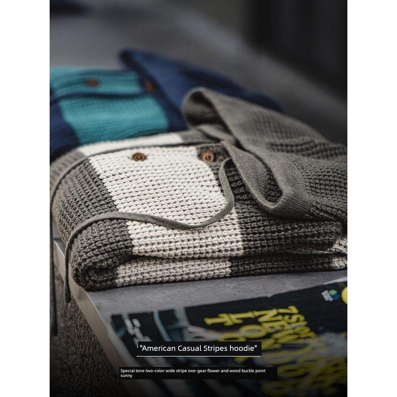 Madden Parka American Casual Contrast Color Stripes Hooded Knitwear Preppy Style Sweater Loose Pullover Sweatershirt Men's Autumn