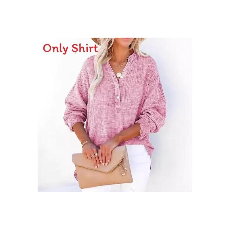 Street Style Wrinkled Cotton Long Sleeve Shirt For Women With Button Closure