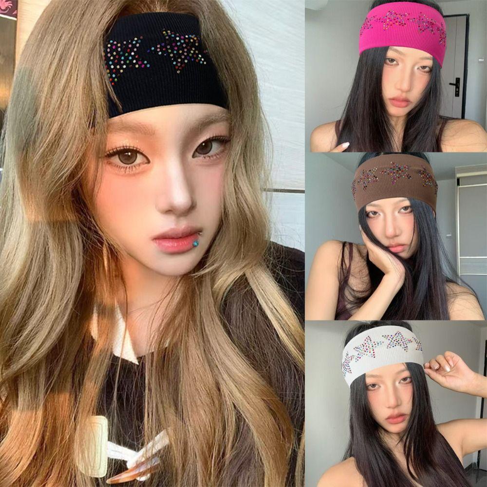 Sweat Absorbing Rhinestone Star Headband Soft Sports Hairband Elastic Headband  Women