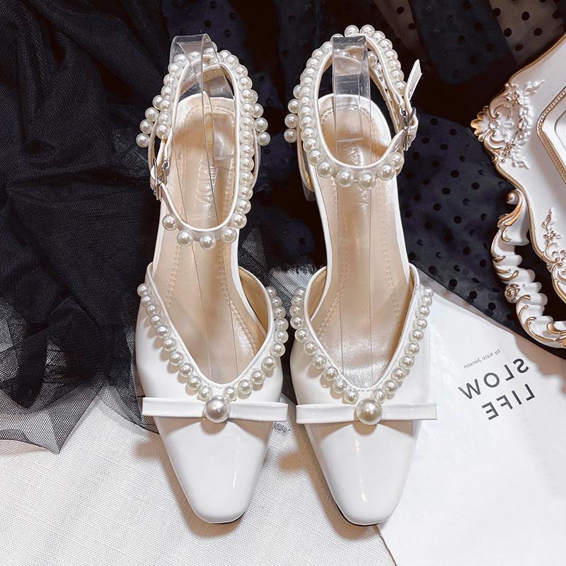 

Французский бант жемчужная сумка голова одинарная обувь женский каблук толстый каблук ретро туфли Мэри Джейн 2025 новые сандалии 39 белый