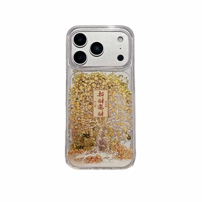 

Gold Icons Tree Quicksand Phone Cover Case for iPhone 17 16 15 Pro Fortune Brilliant Moving Sand Dynamic Liquid Clear Hard Funda iPhone 15 Pro Max