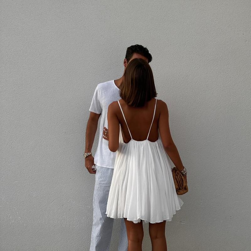 Y2k Sexy Puff Skládané Bez zad Mini Šaty Dámské Elegantní V-výstřih Bez rukávů Plážové Krátké Šaty Módní Šik Áčkový Večerní Párty Šaty