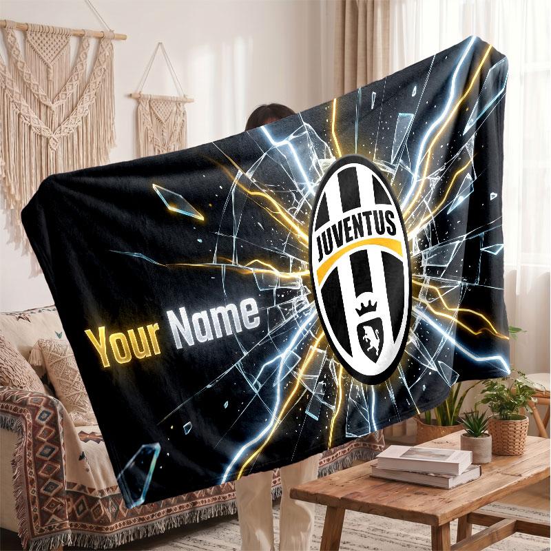 Juventus FC Personalisierte Fleecedecke Mit Fußballlogo, Benutzerdefinierter Name Text Weich Warm Home Überwurfdecke