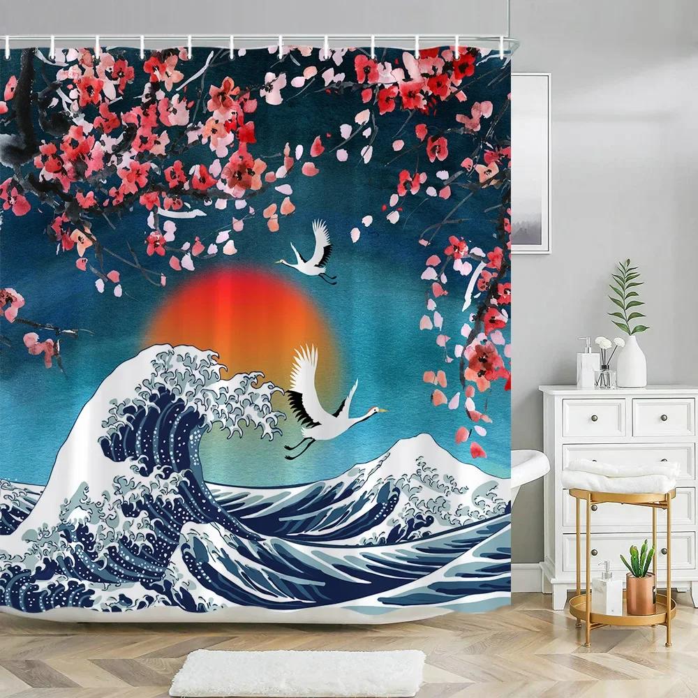 Pink Sakura Flowers Shower Curtains Japanese Cherry Blossoms Trees Floral Rustic Garden Landscape Fabric Print Bathroom Decor