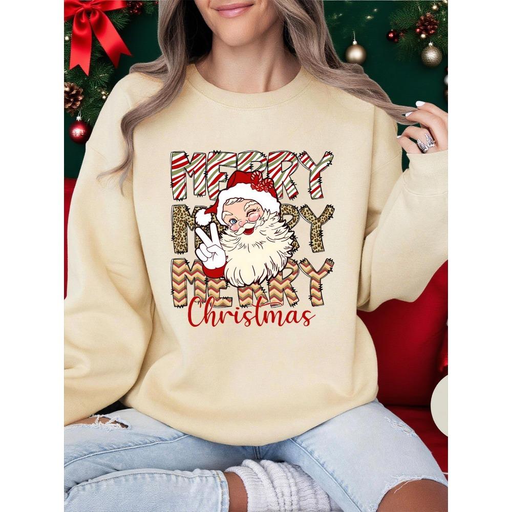 Merry Christmas Santa Claus Design Women Sweatshirt Casual Crewneck Streetwear Multicolor Fashion Clothing Soft Clothes