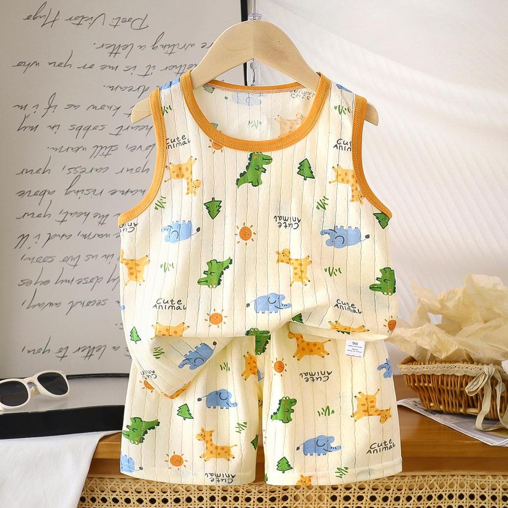 2026 Summer Children O-Neck Sleeveless Vest Suits Baby Spring Short Pants Two-pieces Set Cartoon Cotton Suit for Girl Boy