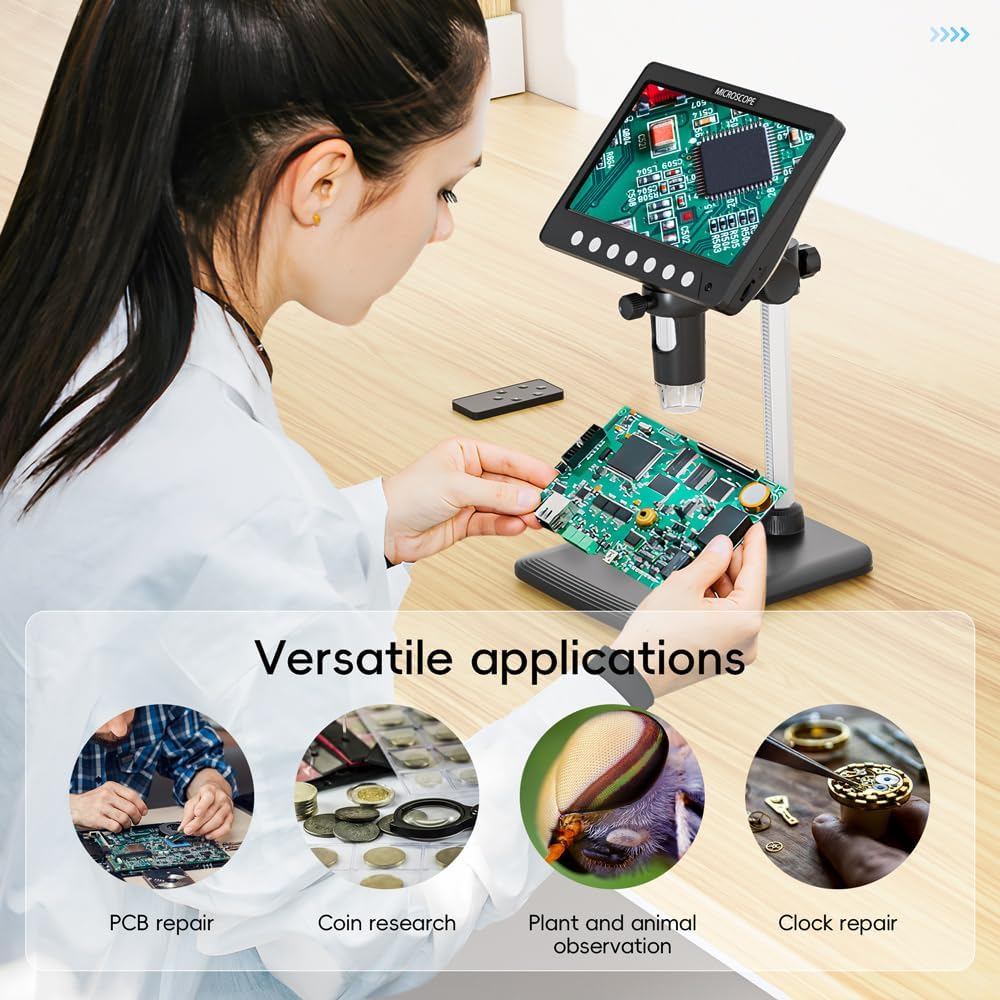 7" LCD Coin Microscope 50X-1200X Magnifier 5MP HD Digital Microscope 8 LED Lights Electronics Repair Soldring PC View Device