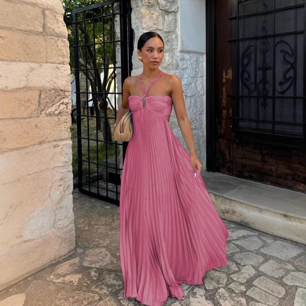 A New Summer Solid-color Strapless Pleated Sleeveless Halter Dress