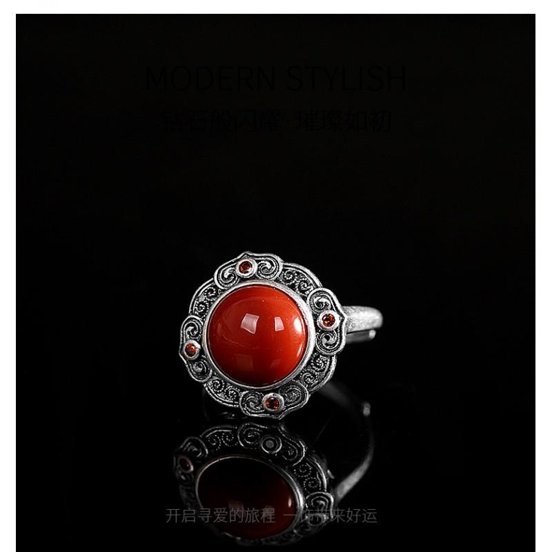 Adjustable Open Ring Men Women Vintage Bohemian Style With Hollow Geometric Plated Red Agate Stone