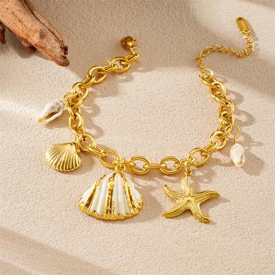 Stainless Steel Marine Animals Conch Starfish Shell Bracelet Women Beach Vacation Wrist Chain Gift
