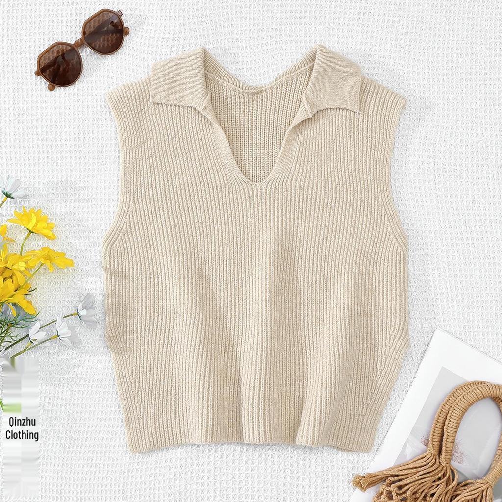 Women's High-End Deep V-Neck Knitted Sweater Tank with Turn-Down Collar