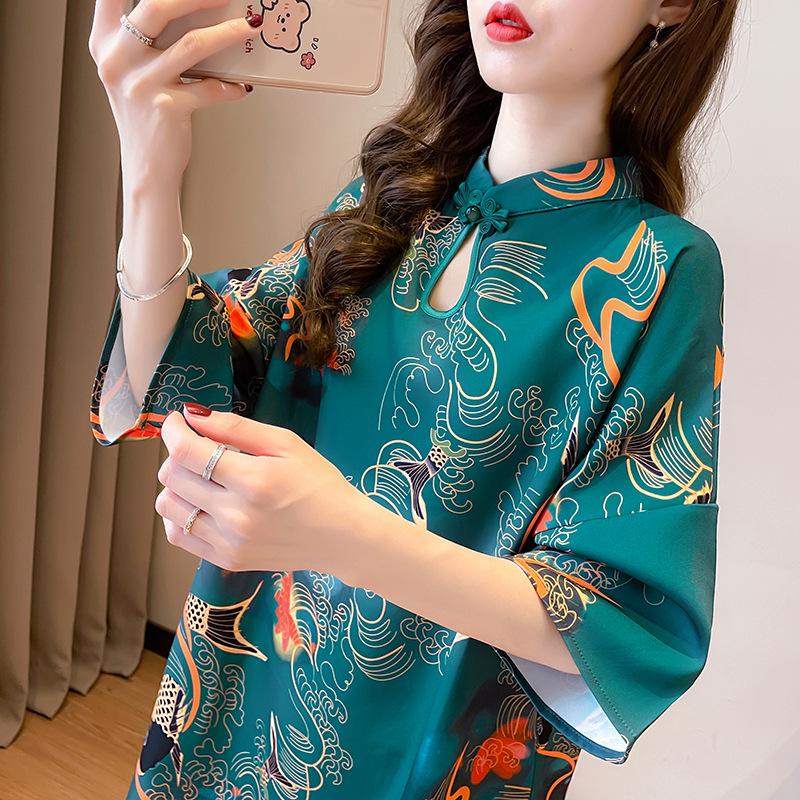 Guochao Women's Frog Button Qipao T-Shirt, Short Sleeve, Mid-Length, Ancient Style, Chinese Round Neck Design